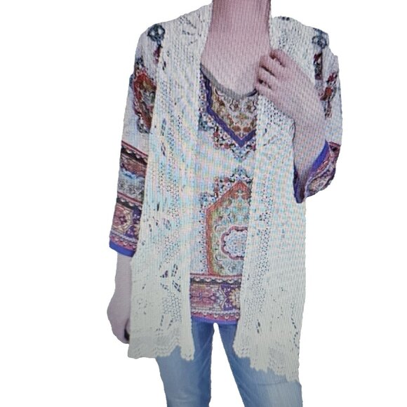 Johnny Was Tops - Johnny Was Crochet Lace Floral Boho Vest Ivory White Women Size M 100% Cotton